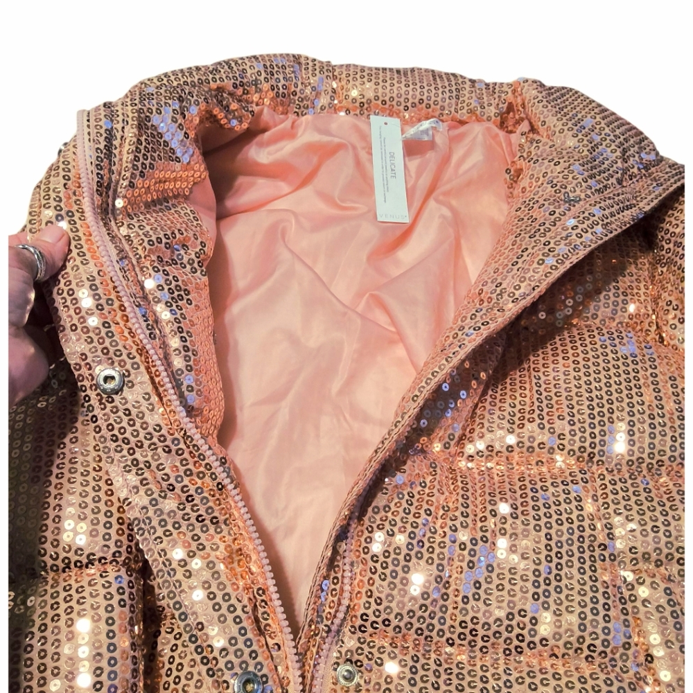 Venus Pink Sequin Puffer Jacket NWT - Winter Feminine Sparkle Outerwear Size SM - Picture 4 of 10